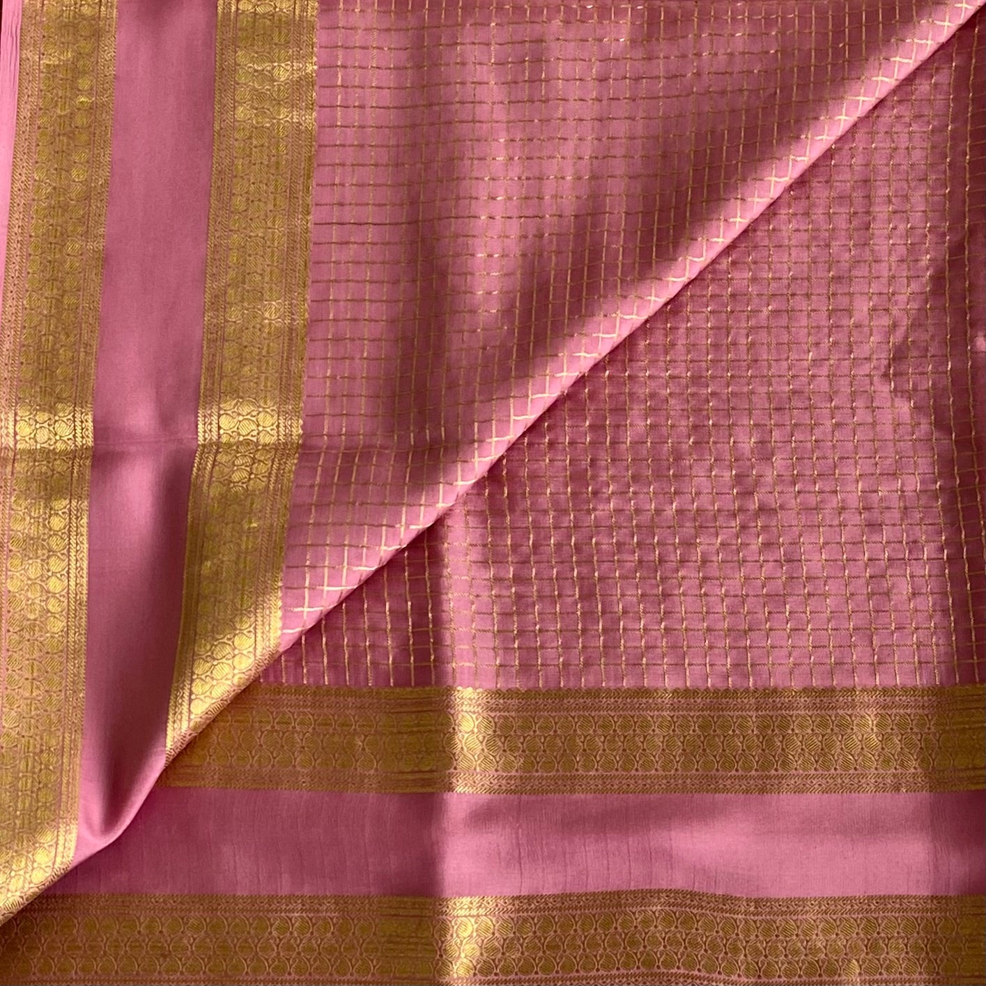 Rose Pink Gold Mysore Crepe Silk Saree With Floral Stripes