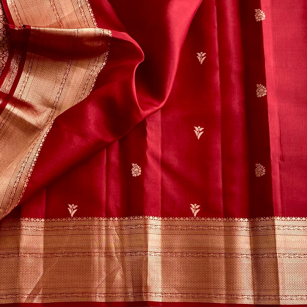 Brick Red Designer Pure Silk Saree With And Antique Gold