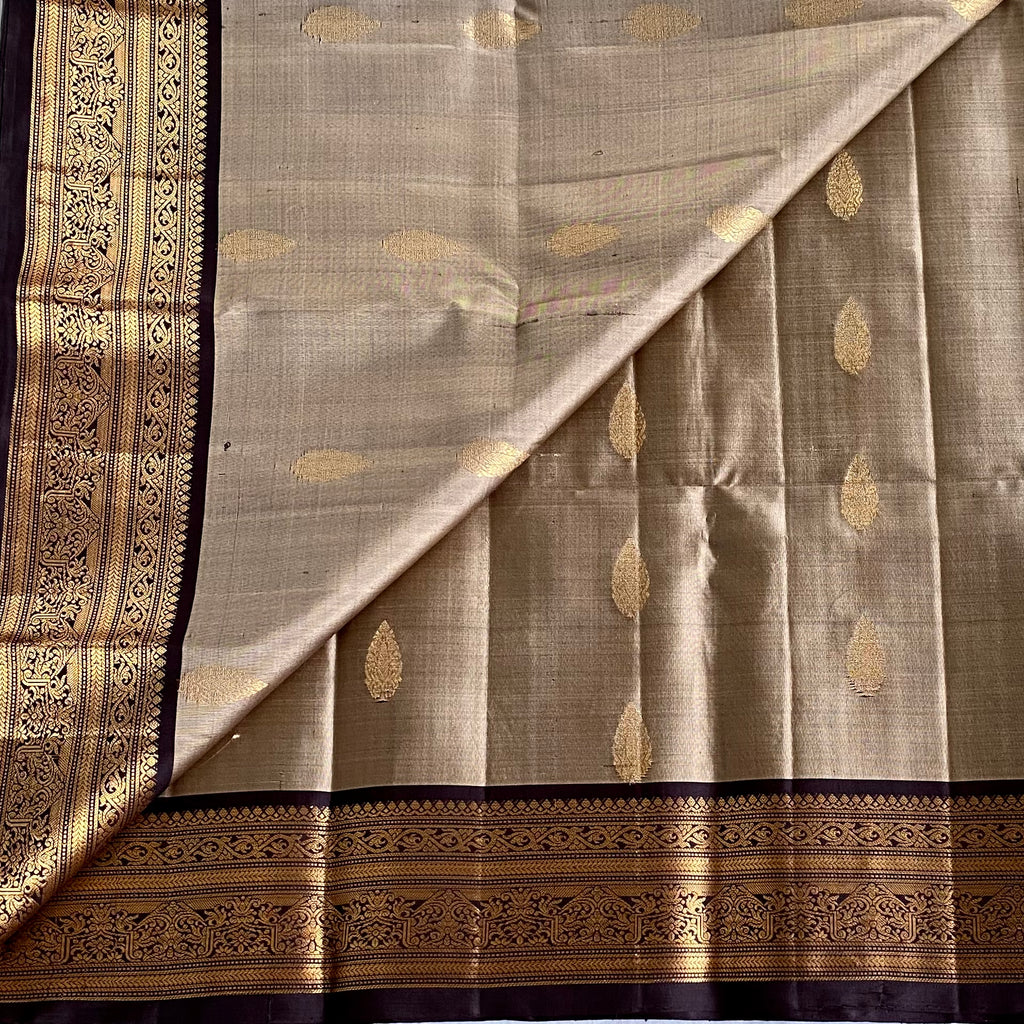 Antique Metallic Beige Designer Pure Silk Saree With Chocolate Brown Pallu