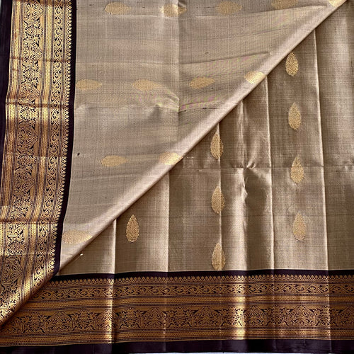 Antique Metallic Beige Designer Pure Silk Saree With Chocolate Brown Pallu