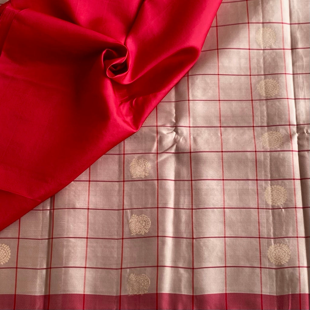 Blush Beige Designer Pure Silk Saree With Crimson Red Pallu