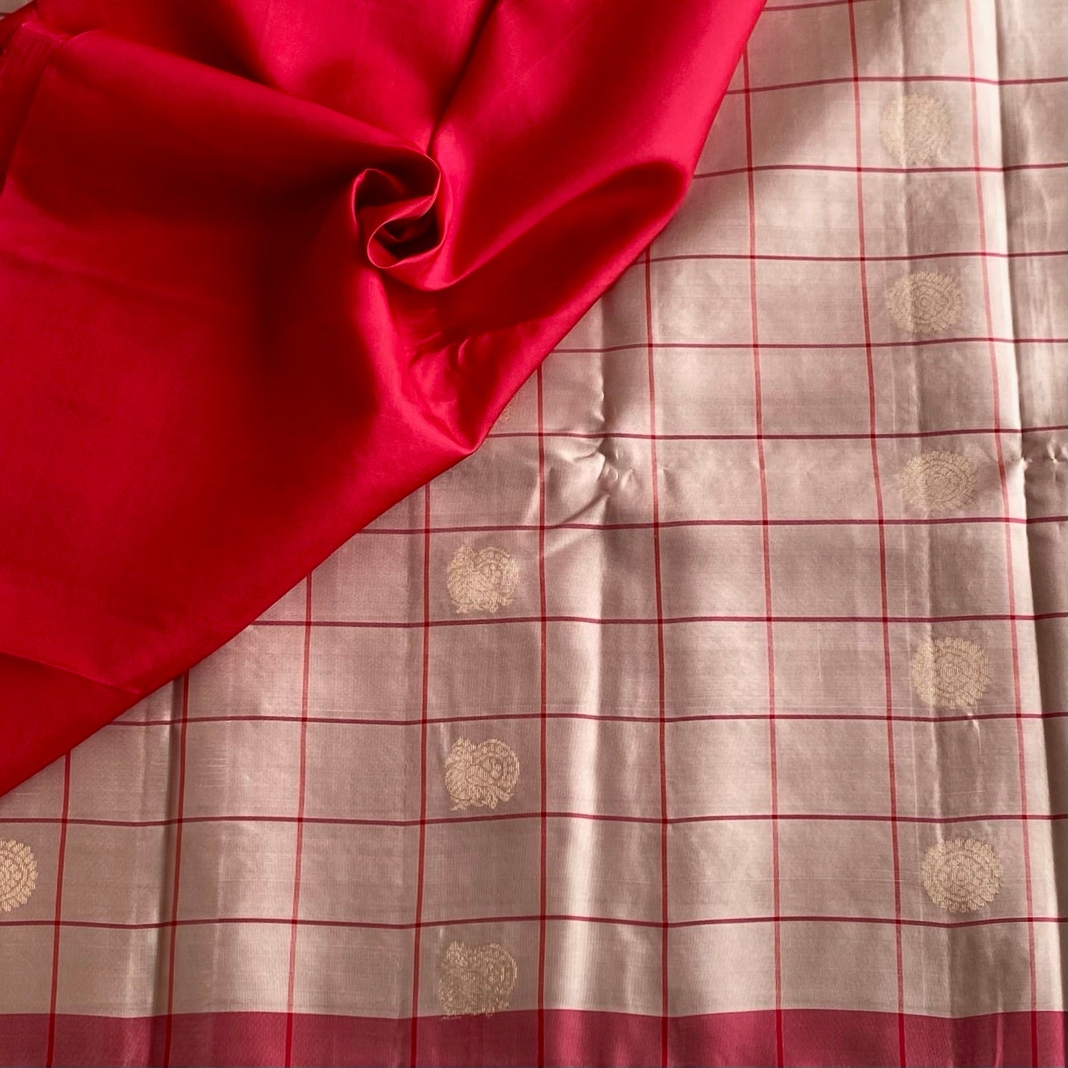 Blush Beige Designer Pure Silk Saree With Crimson Red Pallu