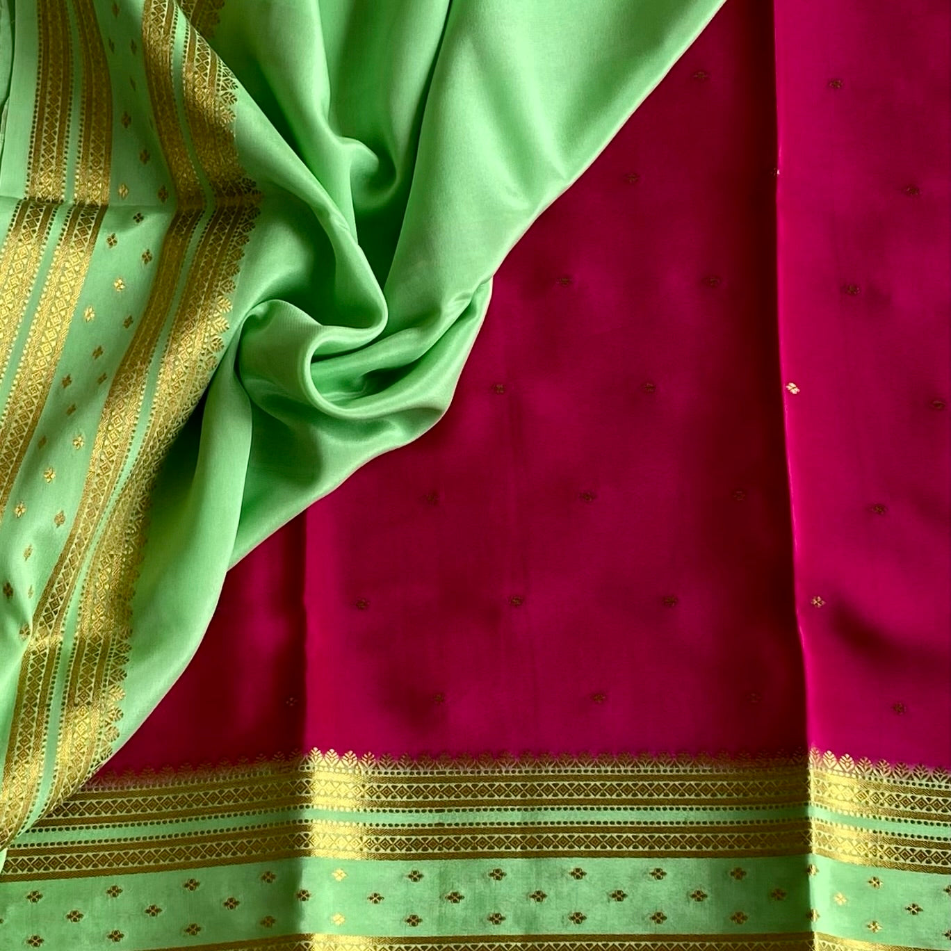 Rani Pink Mysore Crepe Silk Saree With Mint Green Border