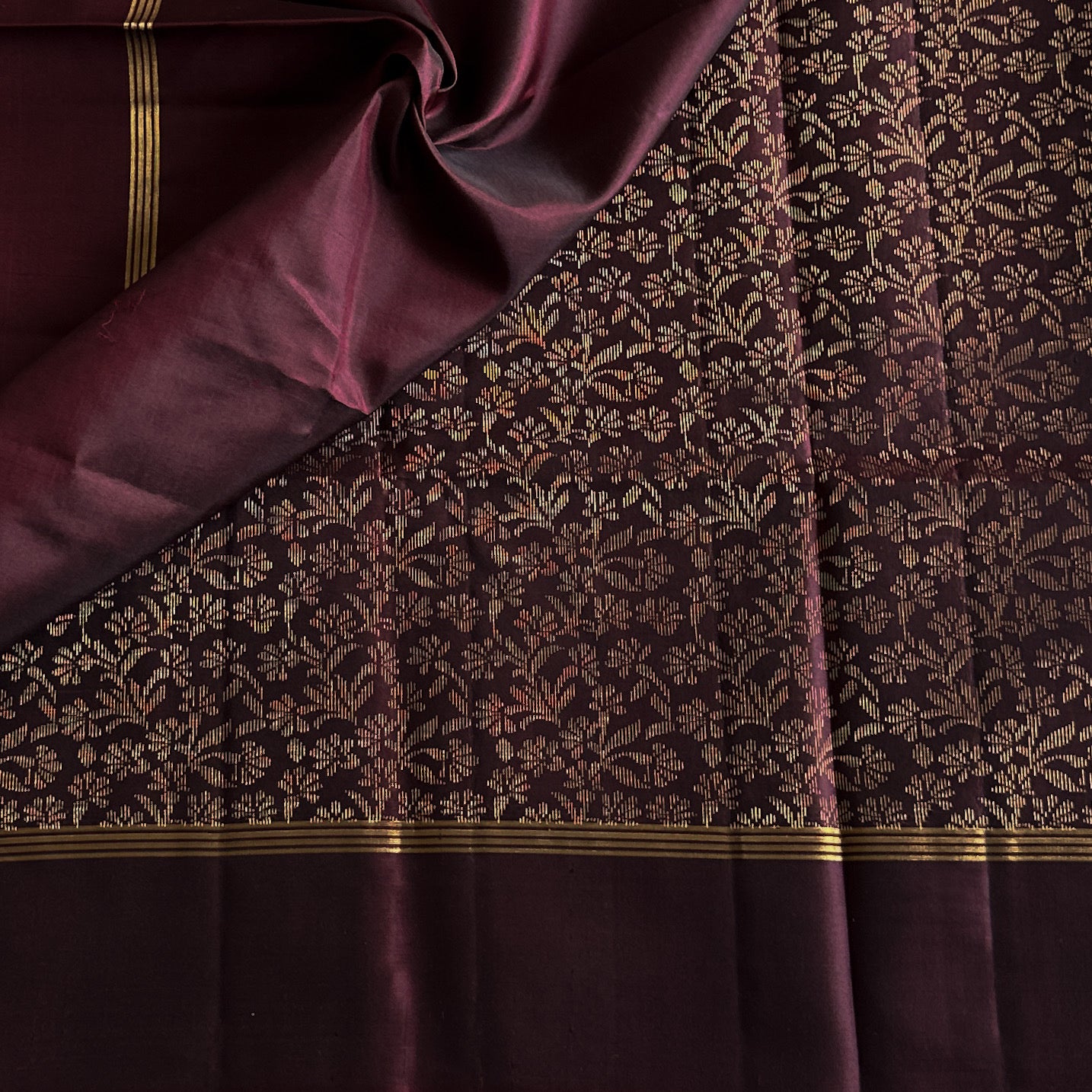 Burgundy Gold Zari Woven Saree with Floral Border and Pallu
