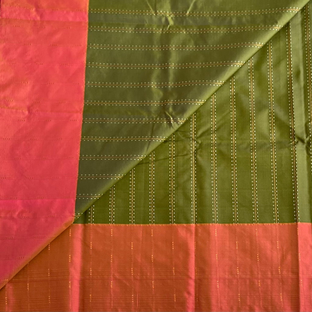 Olive Green Soft Mixed Silk Saree With Coral Orange Pallu