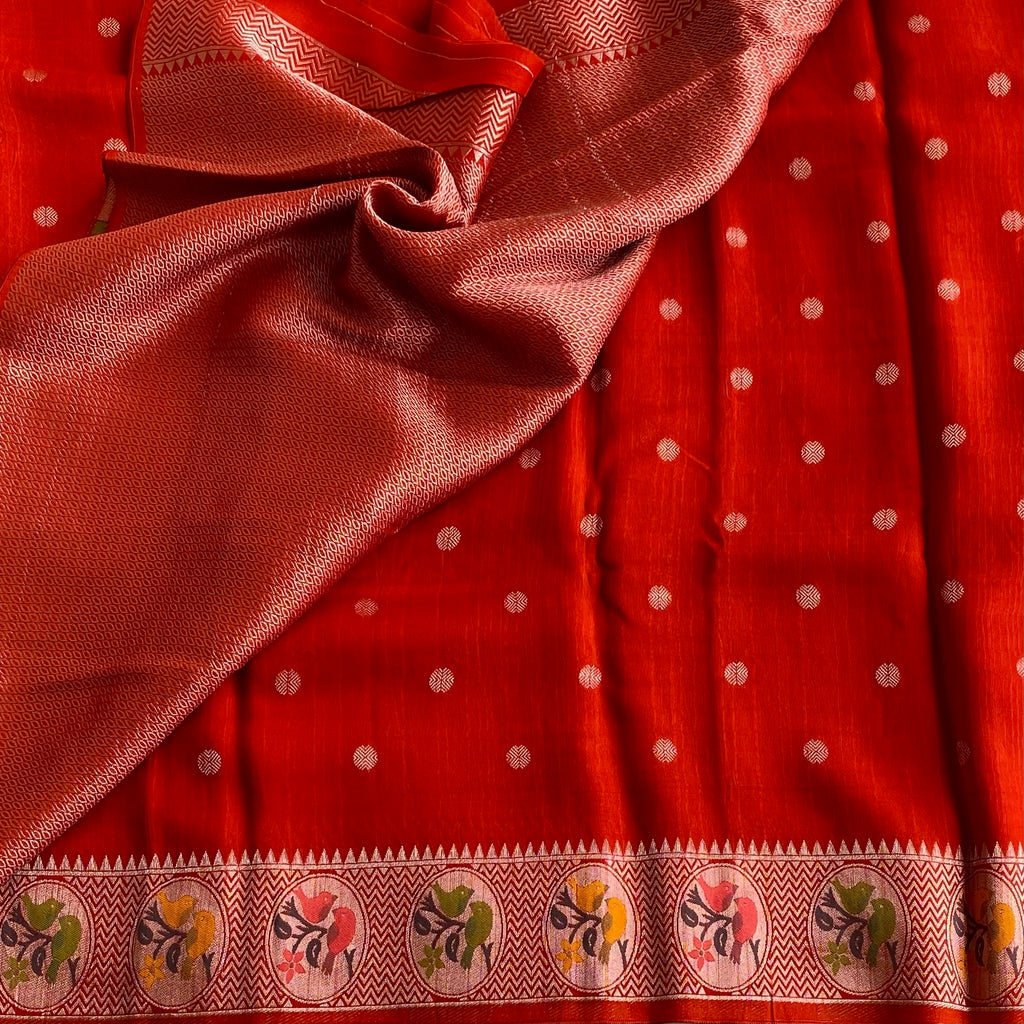 Vermilion Red Soft Tussar Silk Saree With Mustard Yellow Border