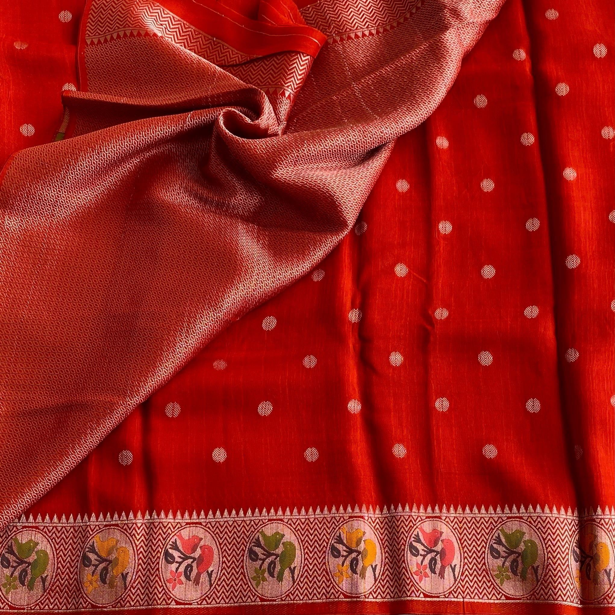 Vermilion Red Soft Tussar Silk Saree With Mustard Yellow Border