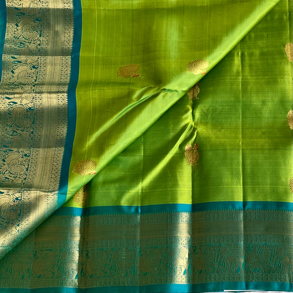 Lime Green Designer Pure Silk Saree Teal Blue Pallu Gold Zari
