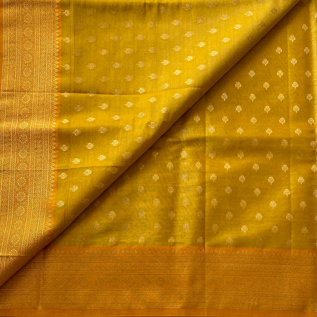 Mustard Gold Banarasi Style Saree With Zari Border Tassel Pallu