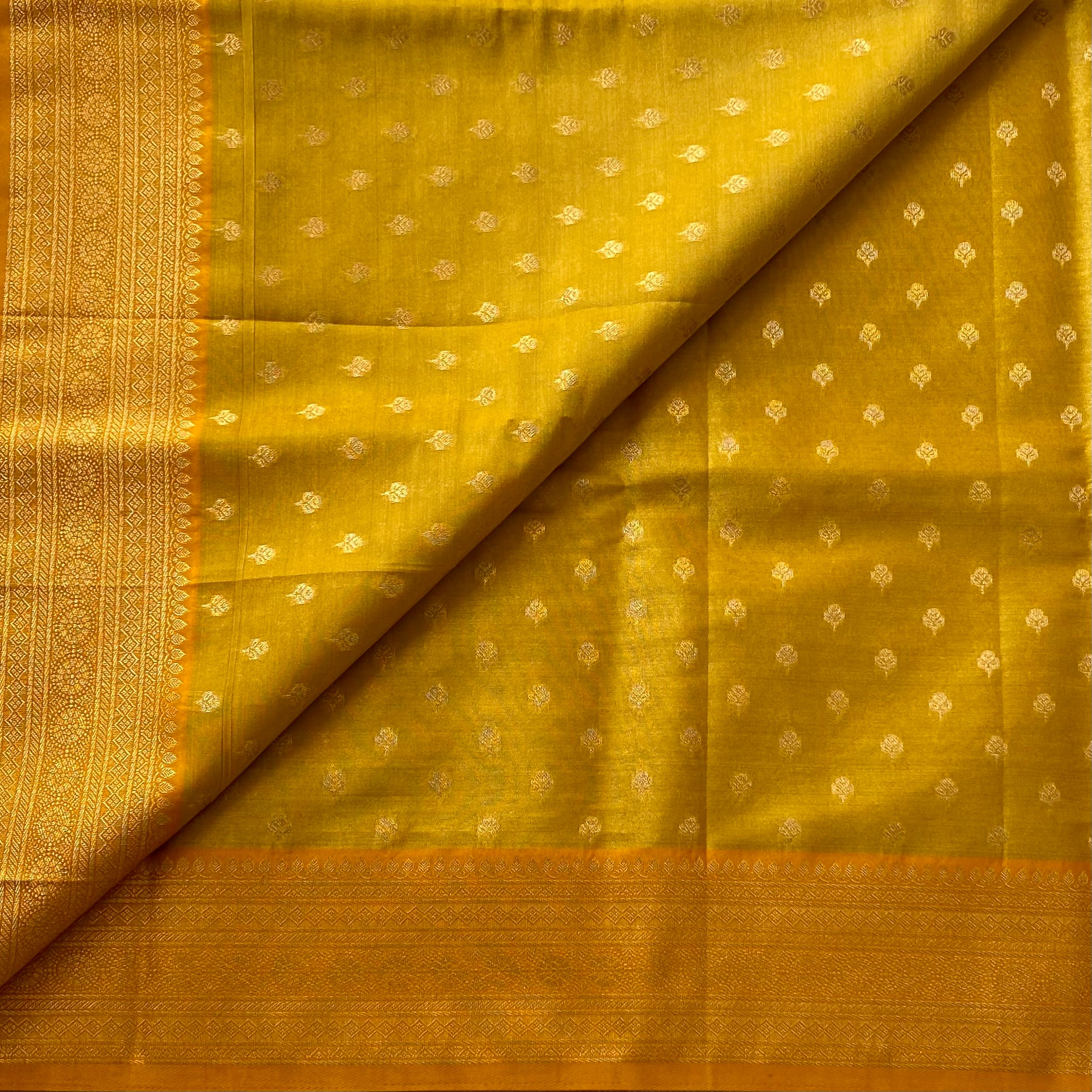 Mustard Gold Banarasi Style Saree With Zari Border Tassel Pallu