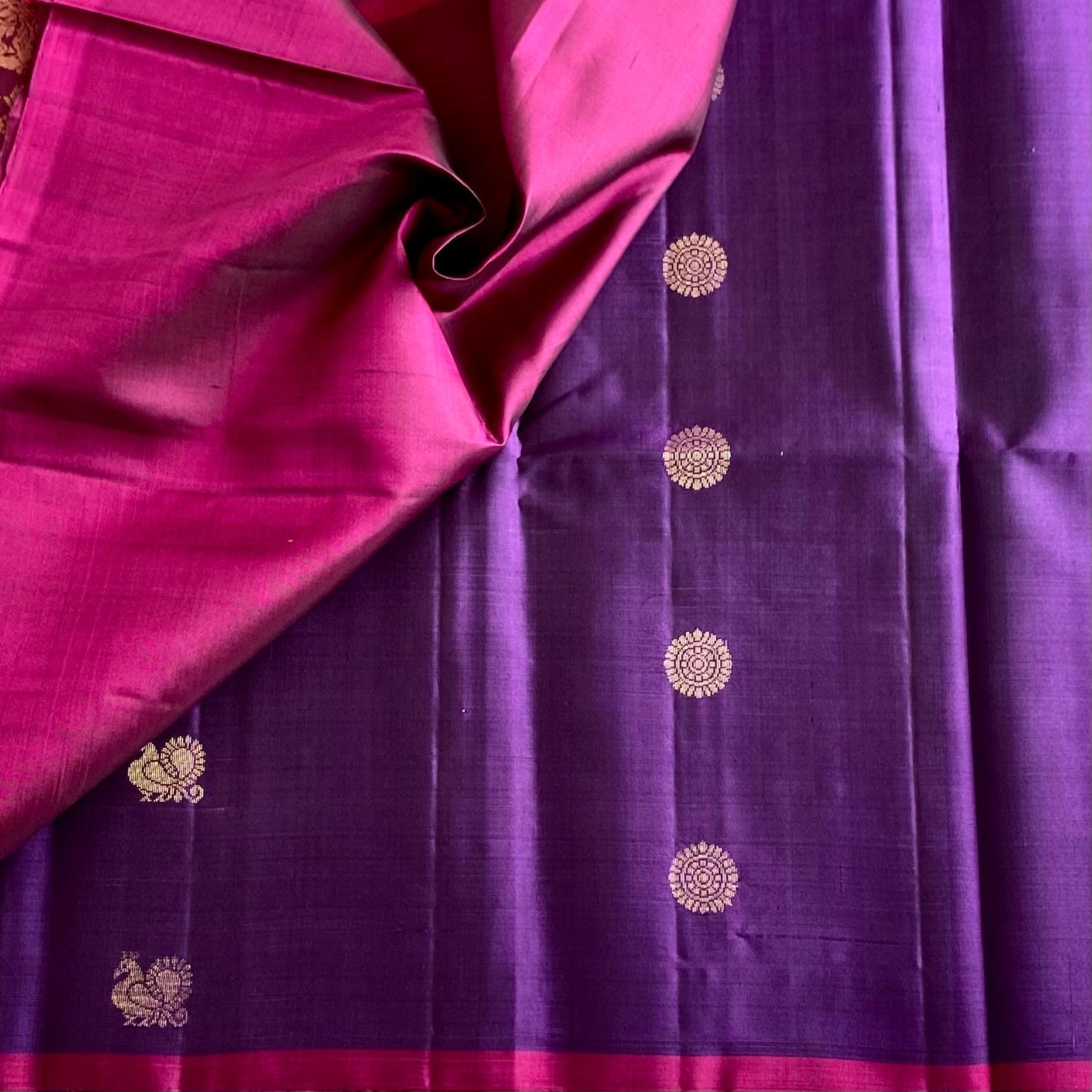 Royal Purple Designer Pure Silk Saree With Magenta Pink Pallu