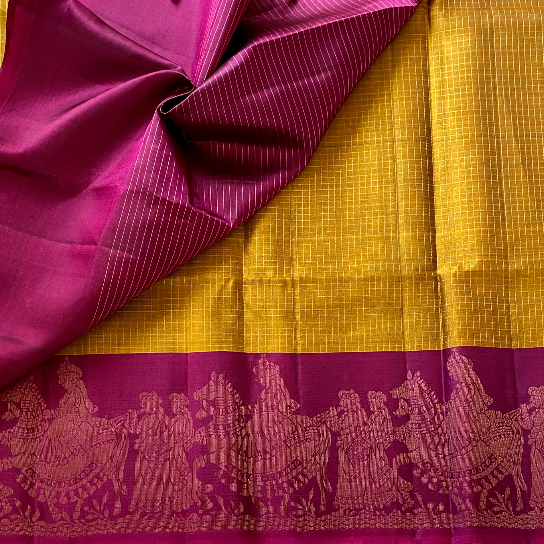 Mustard Gold Designer Pure Silk Saree With Rich Magenta Pallu