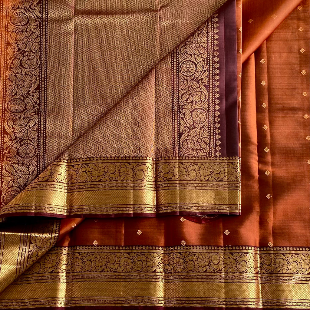 Burnt Orange Designer Pure Silk Saree With Burgundy Border And Gold Pallu
