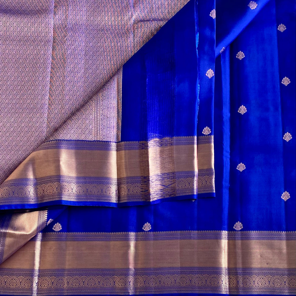 Cobalt Blue Designer Pure Silk Saree With Copper Gold Border