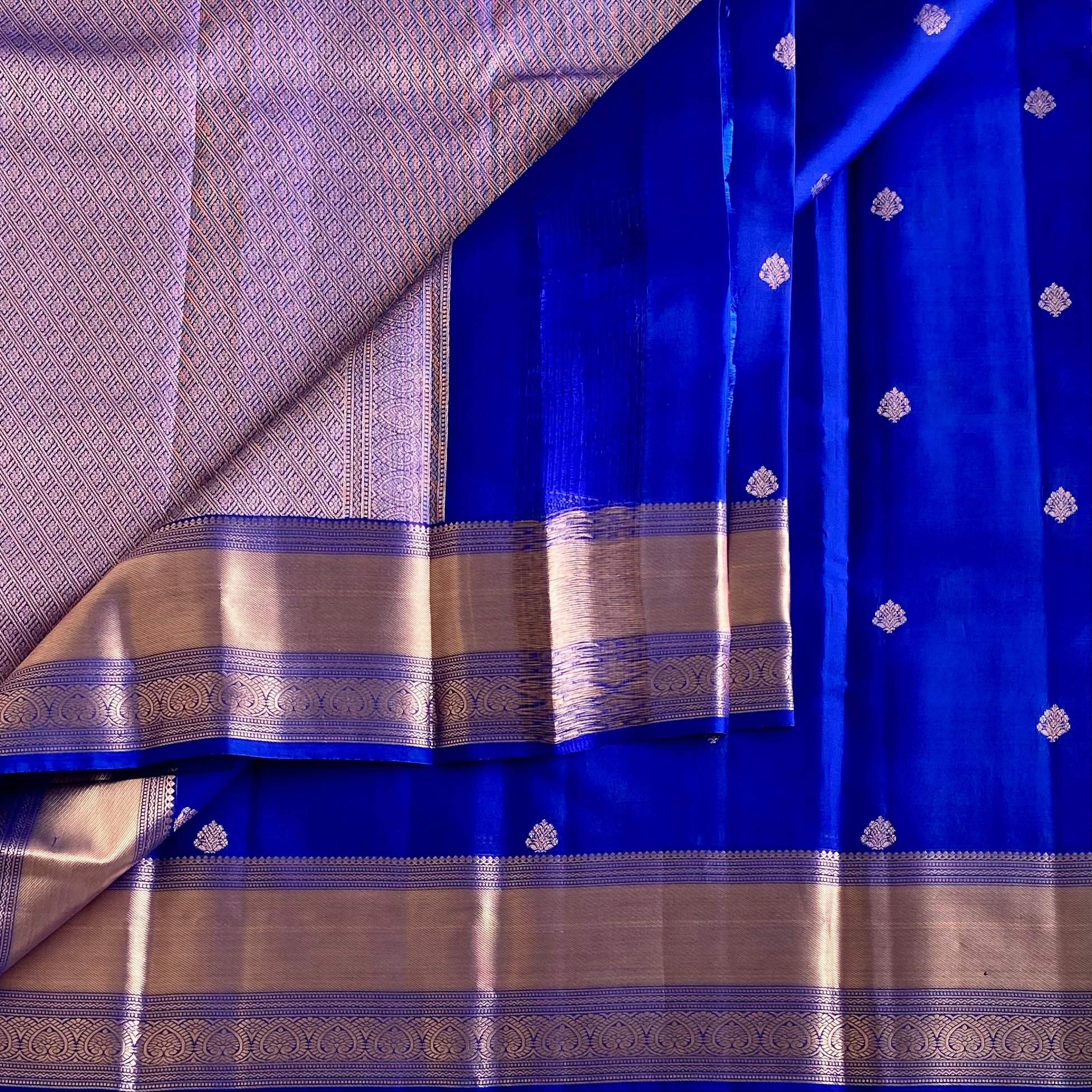 Cobalt Blue Designer Pure Silk Saree With Copper Gold Border