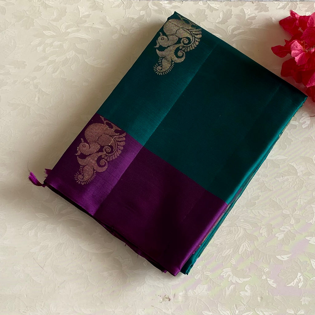 Teal Green Designer Pure Silk Saree With Royal Purple Pallu