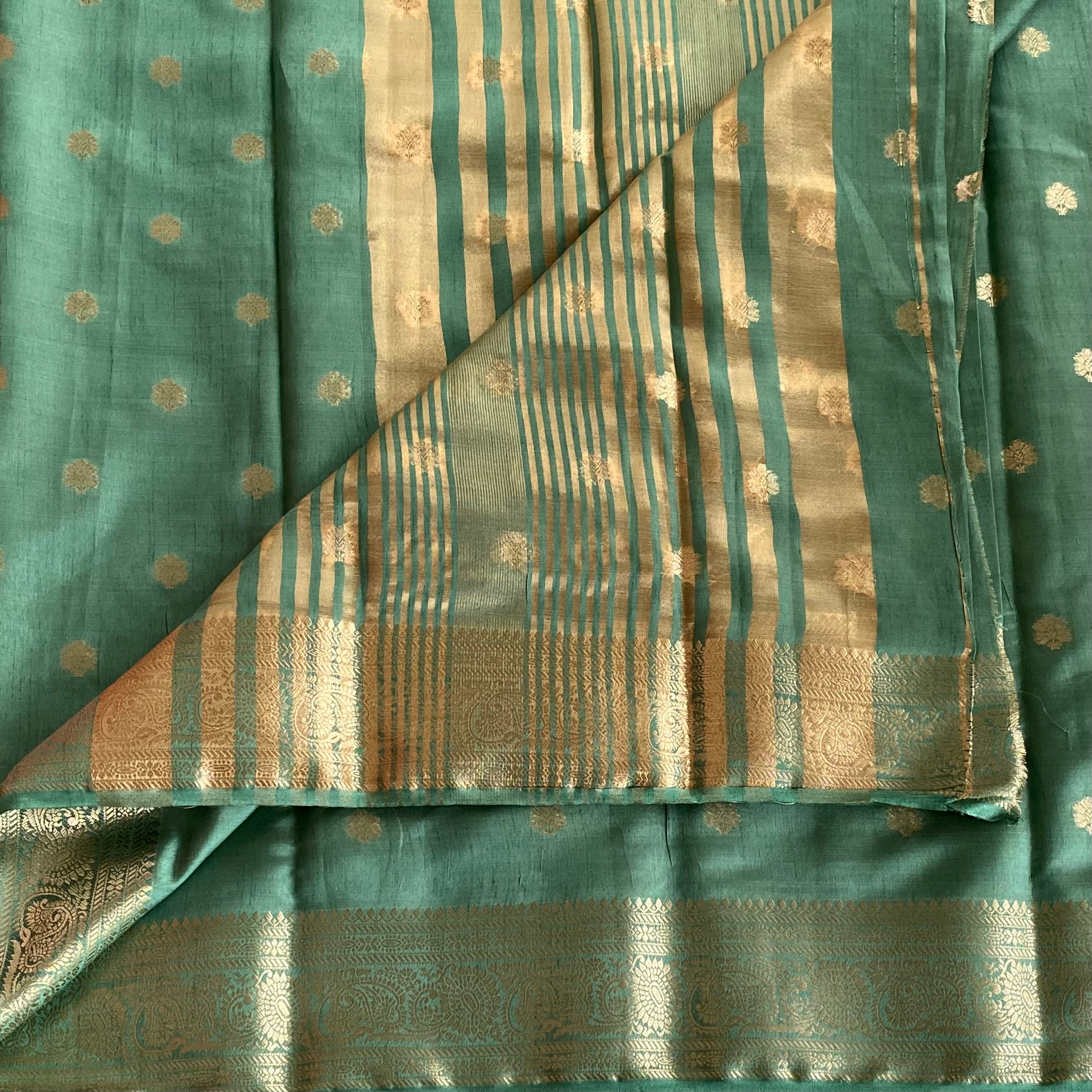 Teal Green Zari Buti Saree With Paisley Border And Stripes