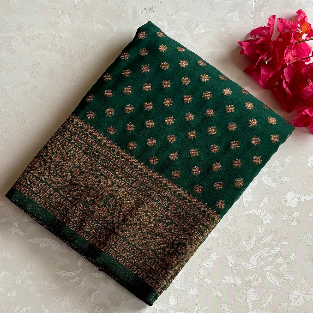 Emerald Green Soft Tussar Silk Saree With Antique Gold Brocade