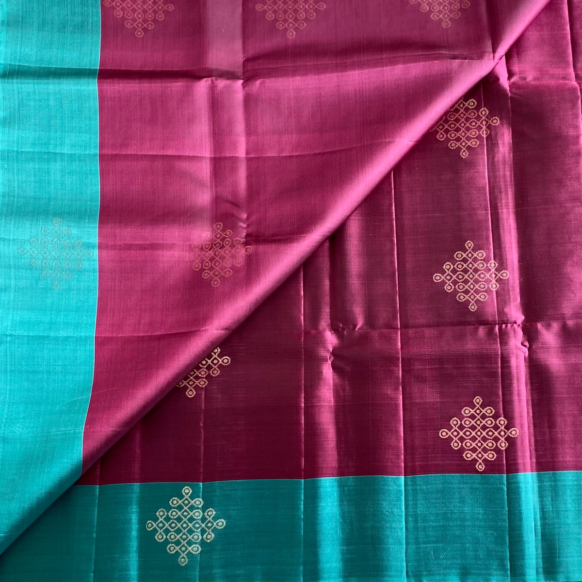 Wine Maroon Kollam Designer Pure Silk Saree With Teal Zari Pallu