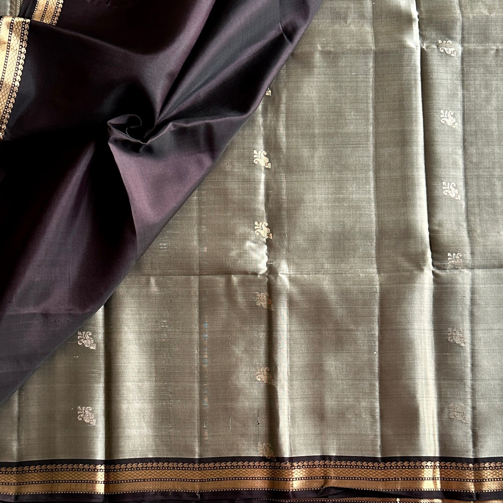 Sage greenish grey  Silk Saree Dark Brown Pallu antique Zari Border