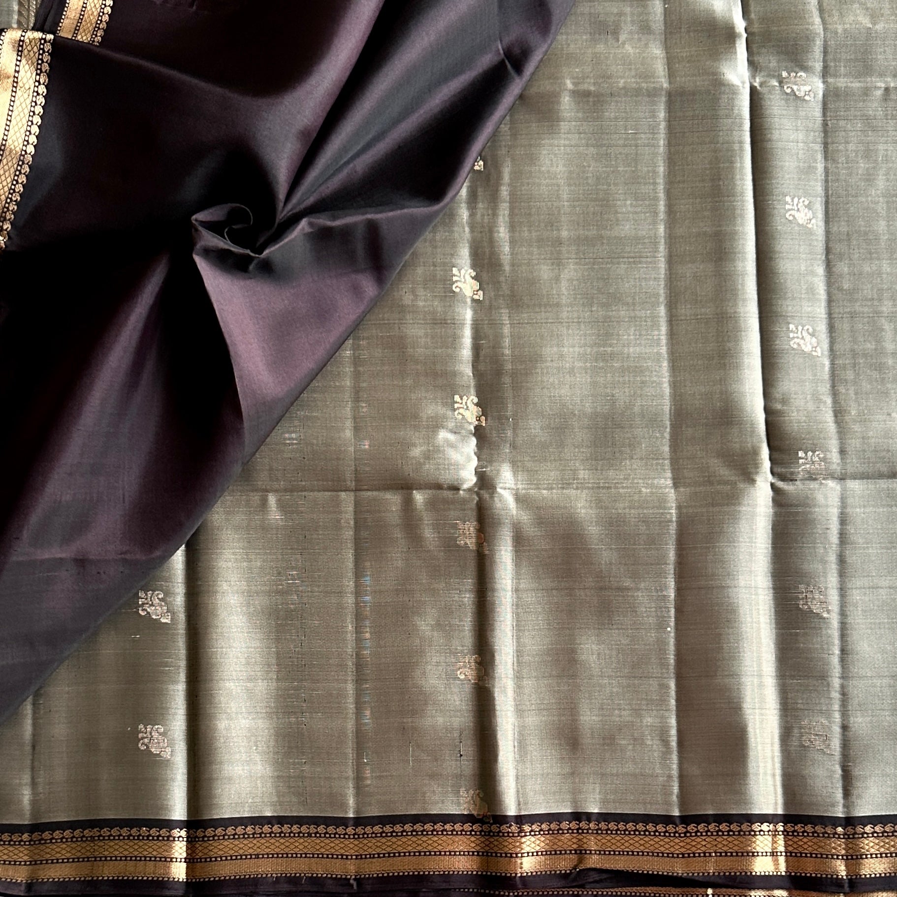 Sage greenish grey  Silk Saree Dark Brown Pallu antique Zari Border
