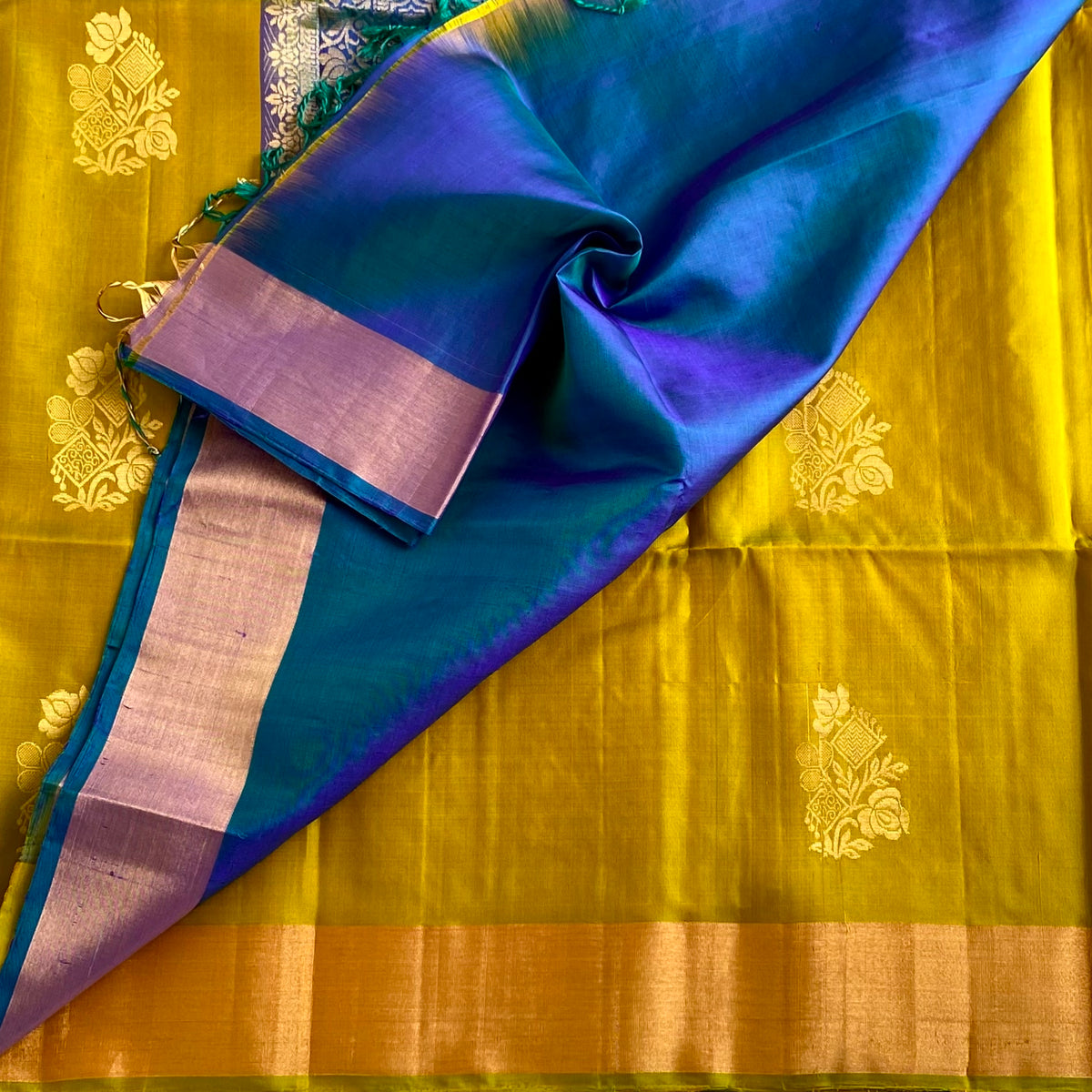 Mustard Yellow Designer Pure Silk Saree Peacock Blue Pallu Gold Border