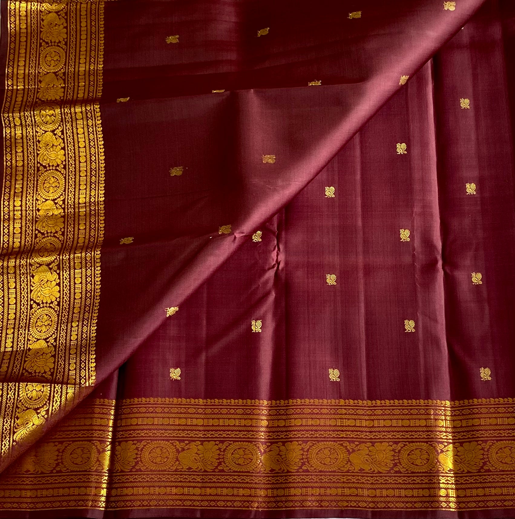 Traditional Deep Wine Silk Saree With Antique Gold Brocade Border