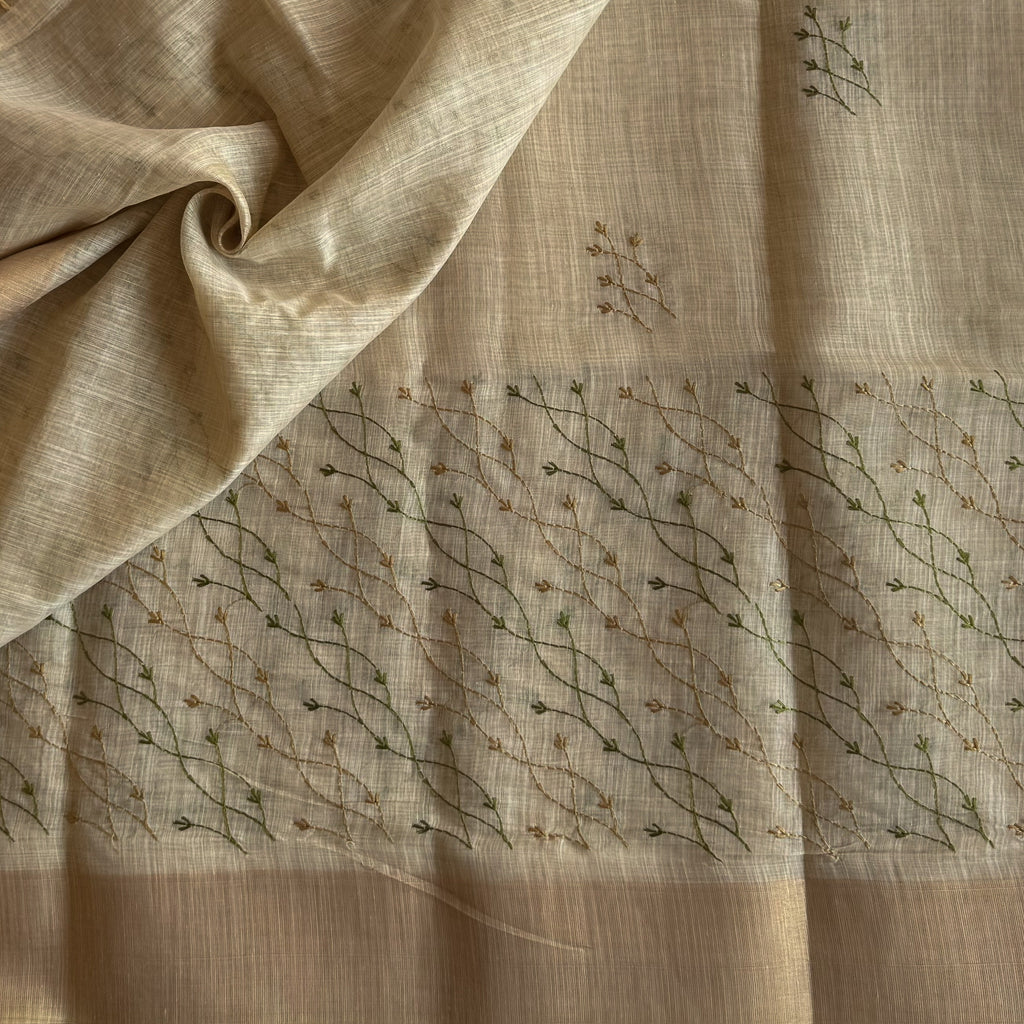 Ivory Taupe Vine Embroidered Saree Lightweight Fringed Pallu Elegant Traditional