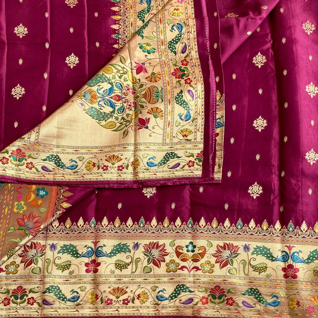 Deep Wine Magenta Meenakari Soft Tussar Silk Saree With Champagne Beige Pallu