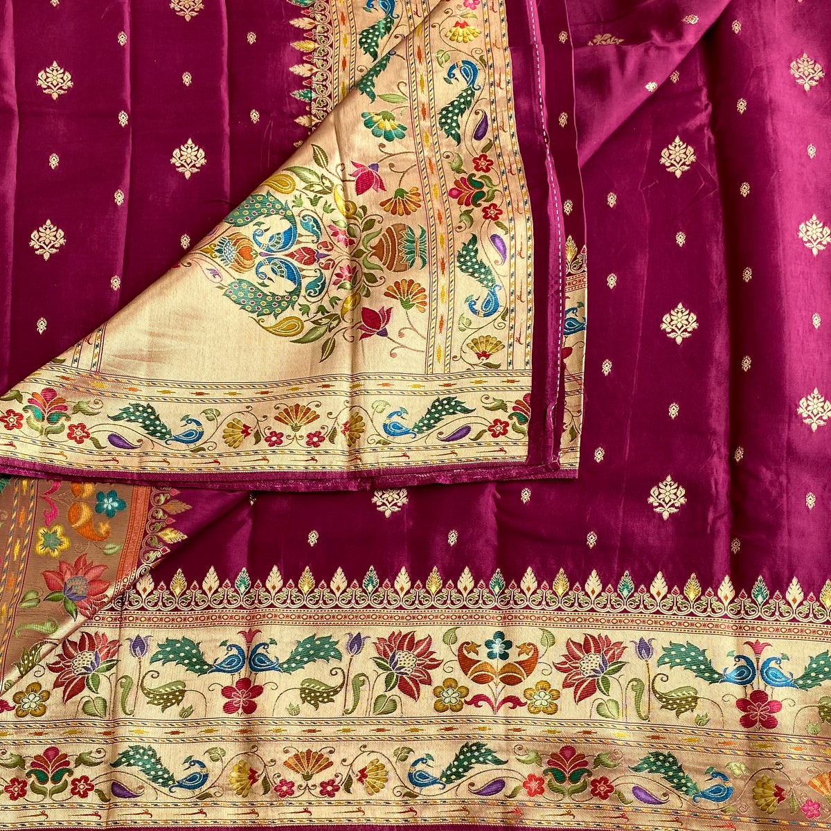 Deep Wine Magenta Meenakari Soft Tussar Silk Saree With Champagne Beige Pallu