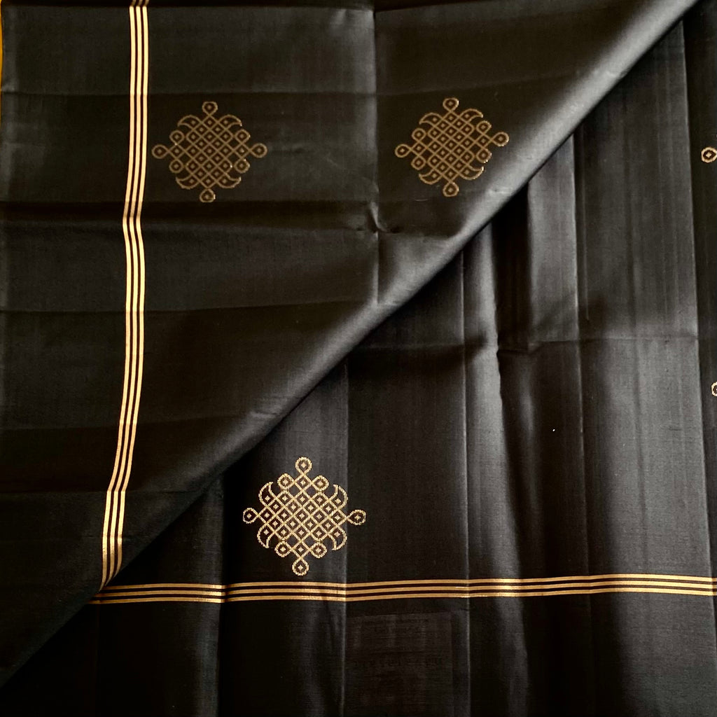 Charcoal Black Designer Kollam Pure Silk Saree With Mustard Yellow Pallu