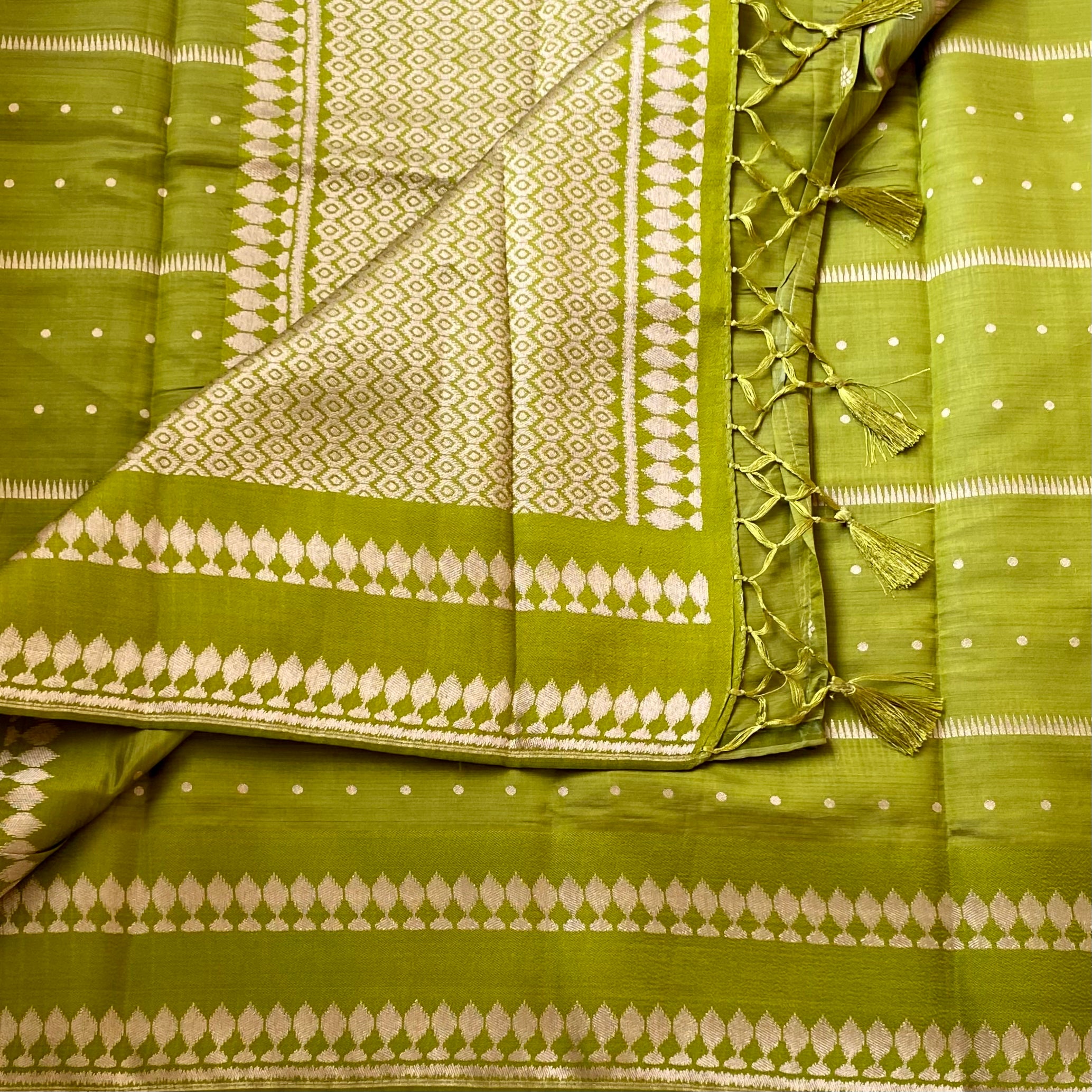 Olive Green Silk Saree Pale Gold Woven Geometric Pallu Tassels