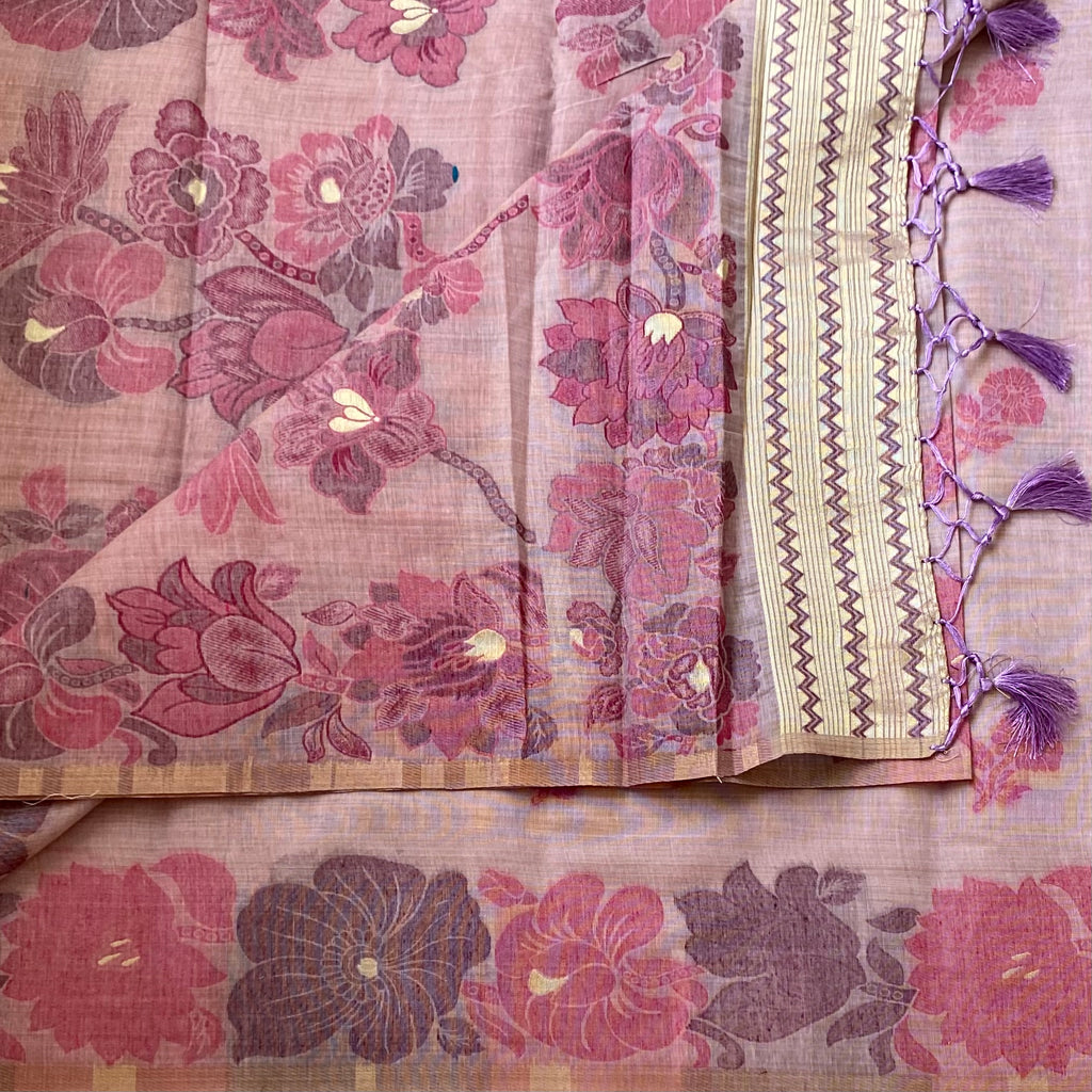 Pastel Mauve Floral Saree With Gold Zari Border And Tassels
