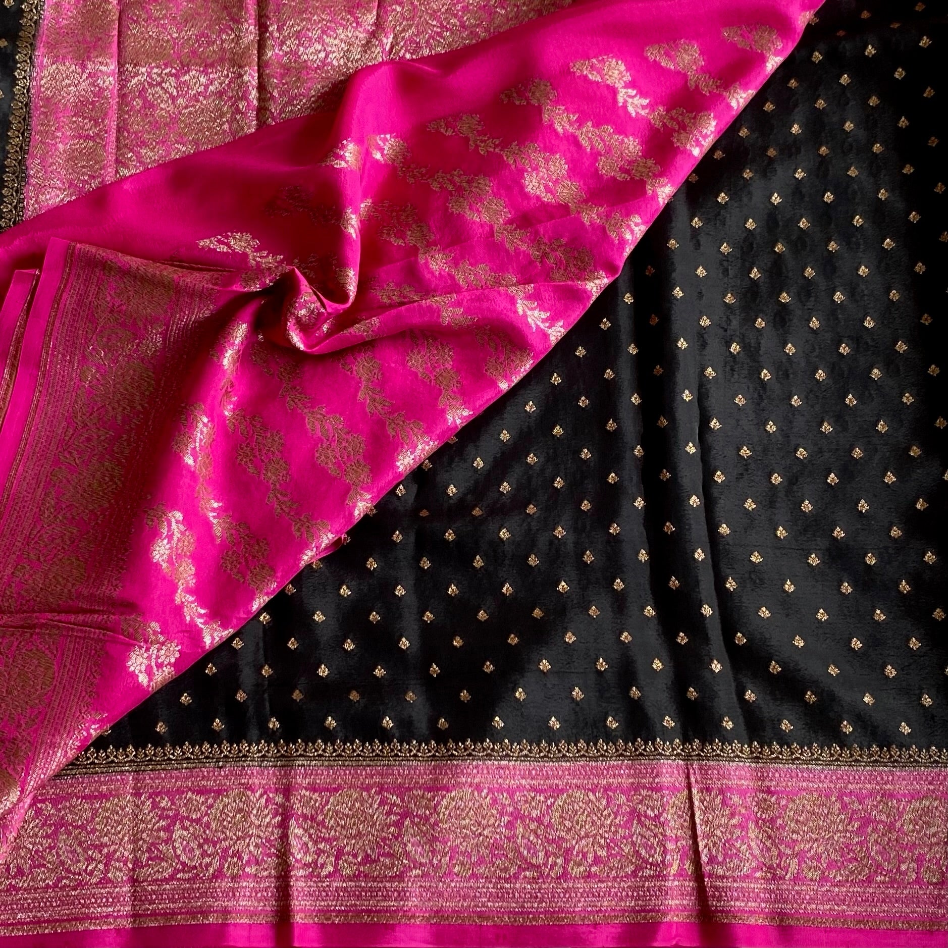 Jet Black Banarasi Crepe Silk Saree With Rani Pink Contrast