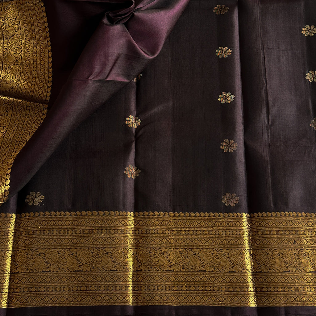 Eggplant Purple Silk Saree Antique Gold Zari Floral Border Pallu