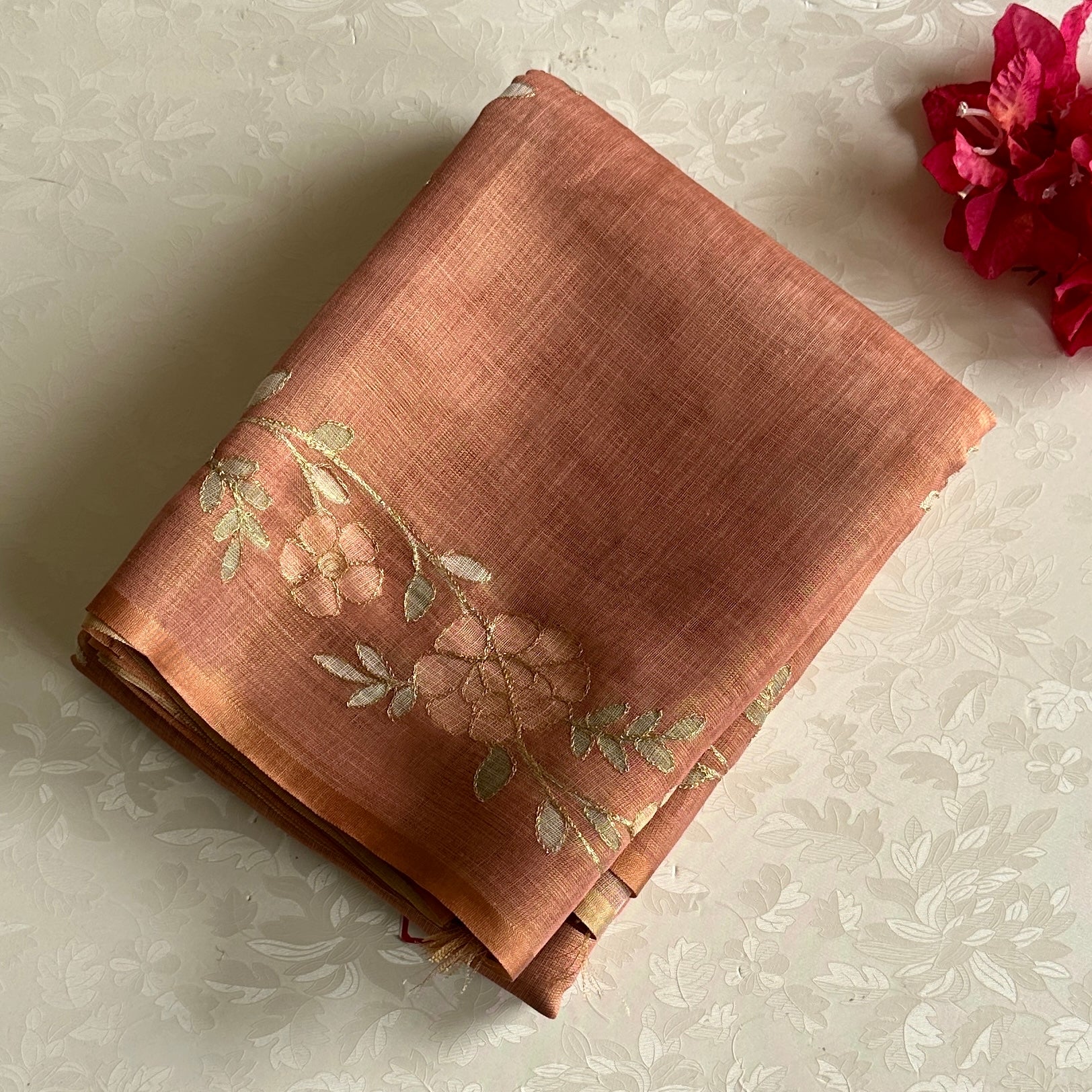 Dusty Rose Floral Zari Saree With Gold Border Tassels