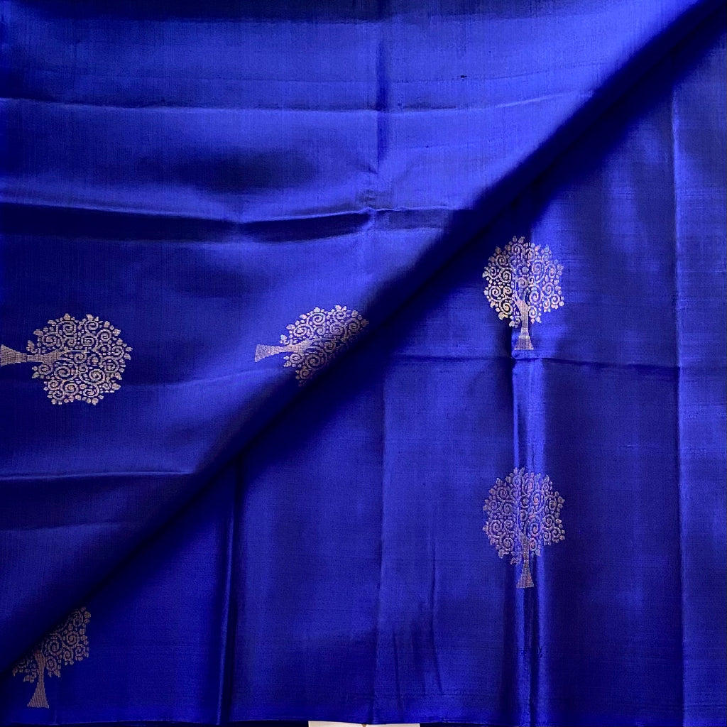 Royal Blue Designer Pure Silk Saree Metallic Gold Brocade Border Contrast Pallu