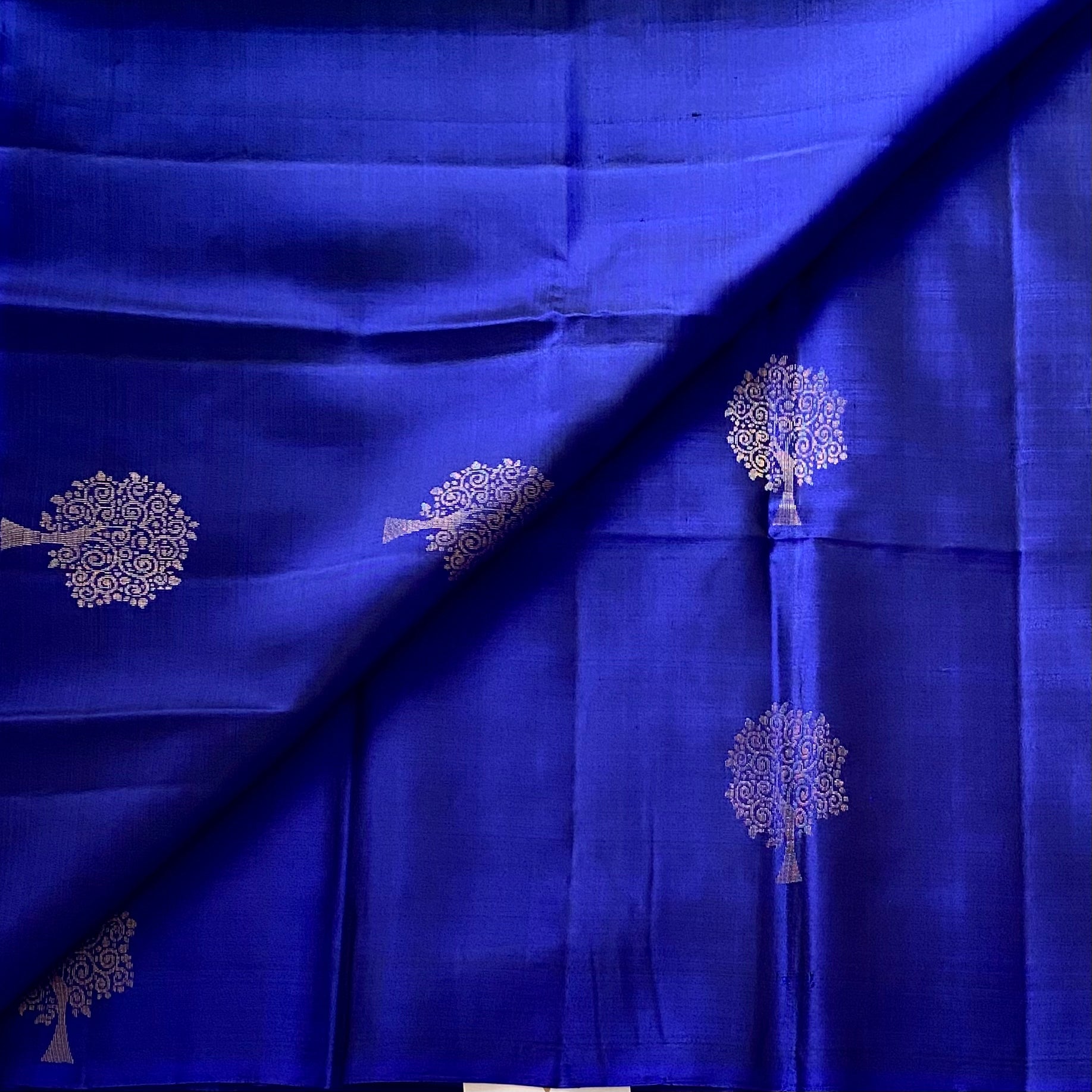 Royal Blue Designer Pure Silk Saree Metallic Gold Brocade Border Contrast Pallu