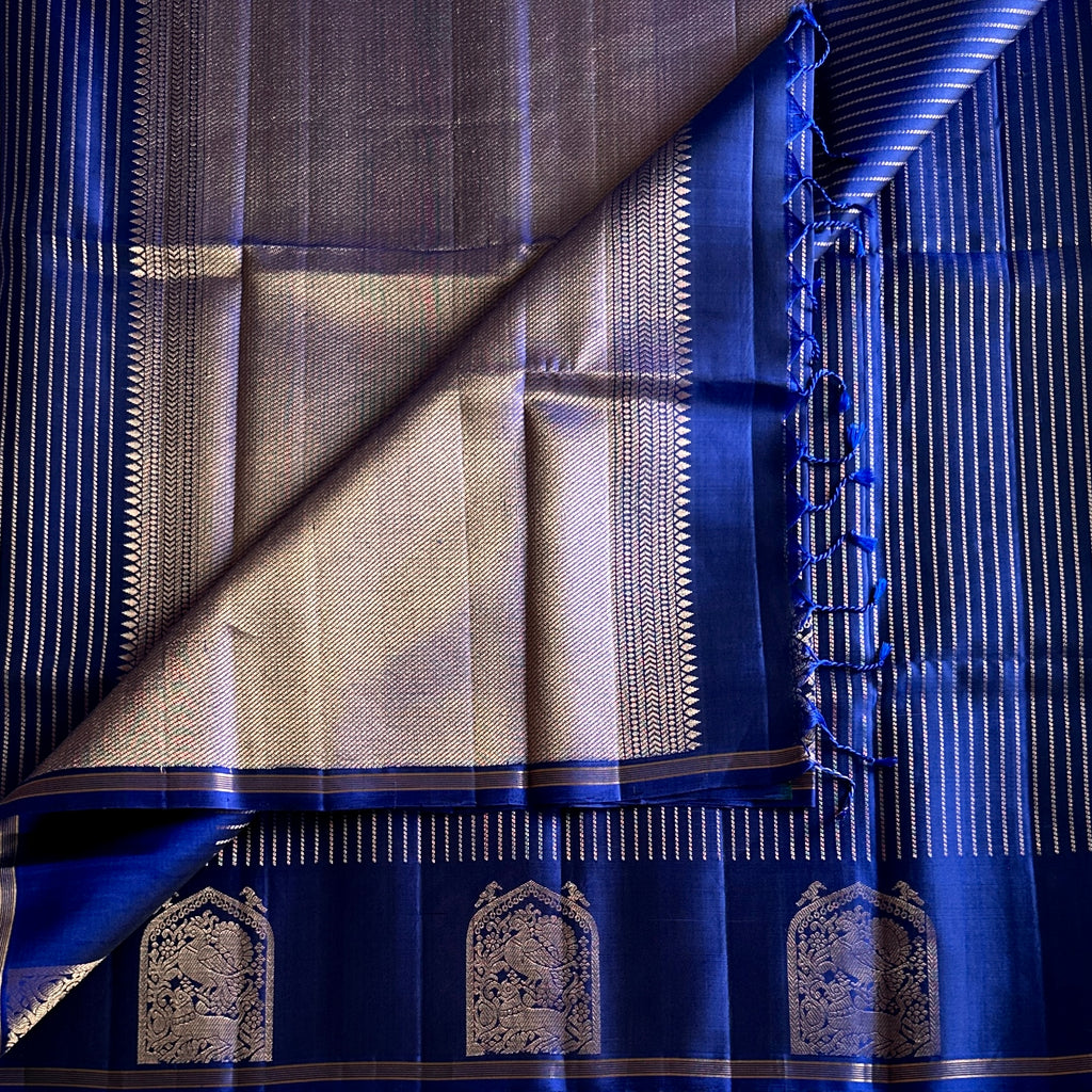 Royal Blue Saree Rose Gold Zari Peacock Temple Border