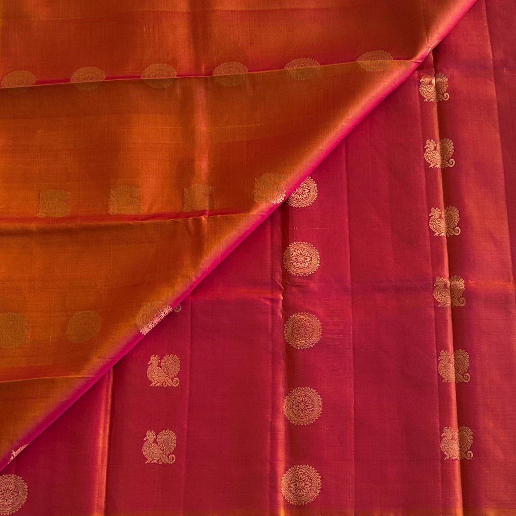 Magenta Saffron Gold Peacocks Geometric Pallu Traditional Wedding Saree Elegant