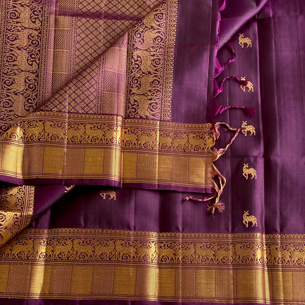 Deep Wine Purple Designer Pure Silk Saree With Antique Gold Zari Motifs