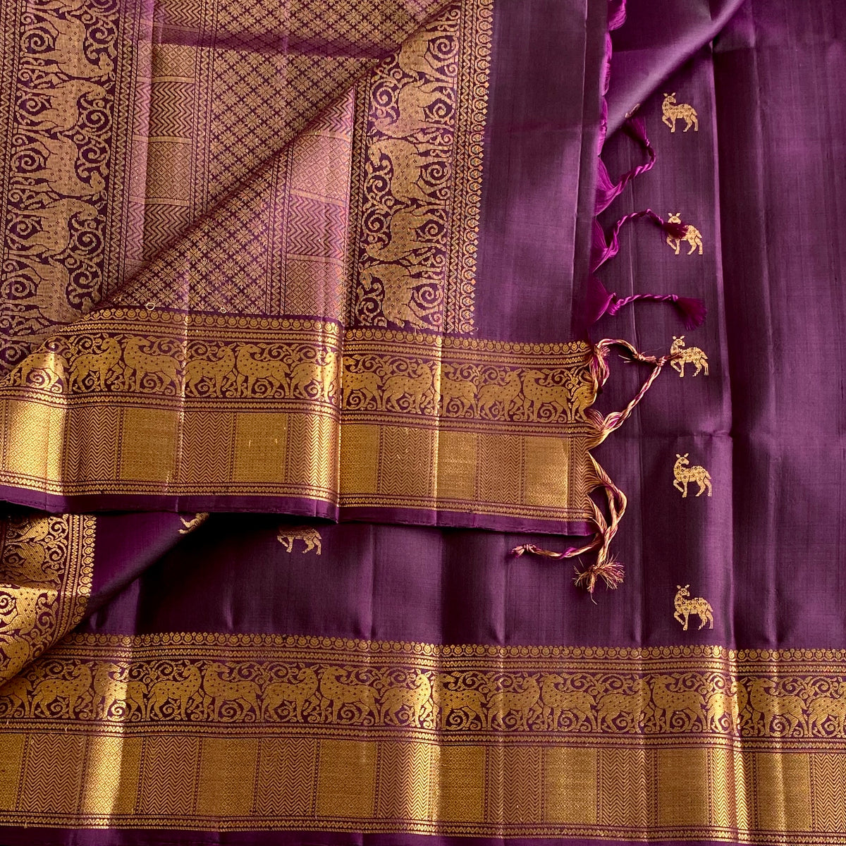 Deep Wine Purple Designer Pure Silk Saree With Antique Gold Zari Motifs
