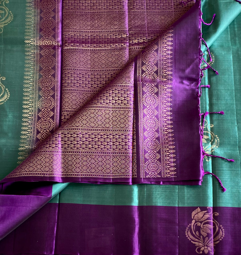 Purple Teal Silk Saree Gold Zari Pallu Paisley Border Traditional