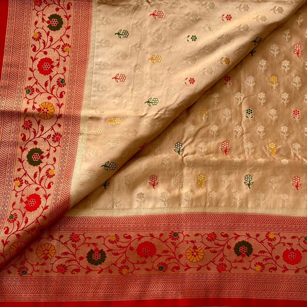Crimson Gold Paisley Brocade Saree With Floral Border Elegant Wedding