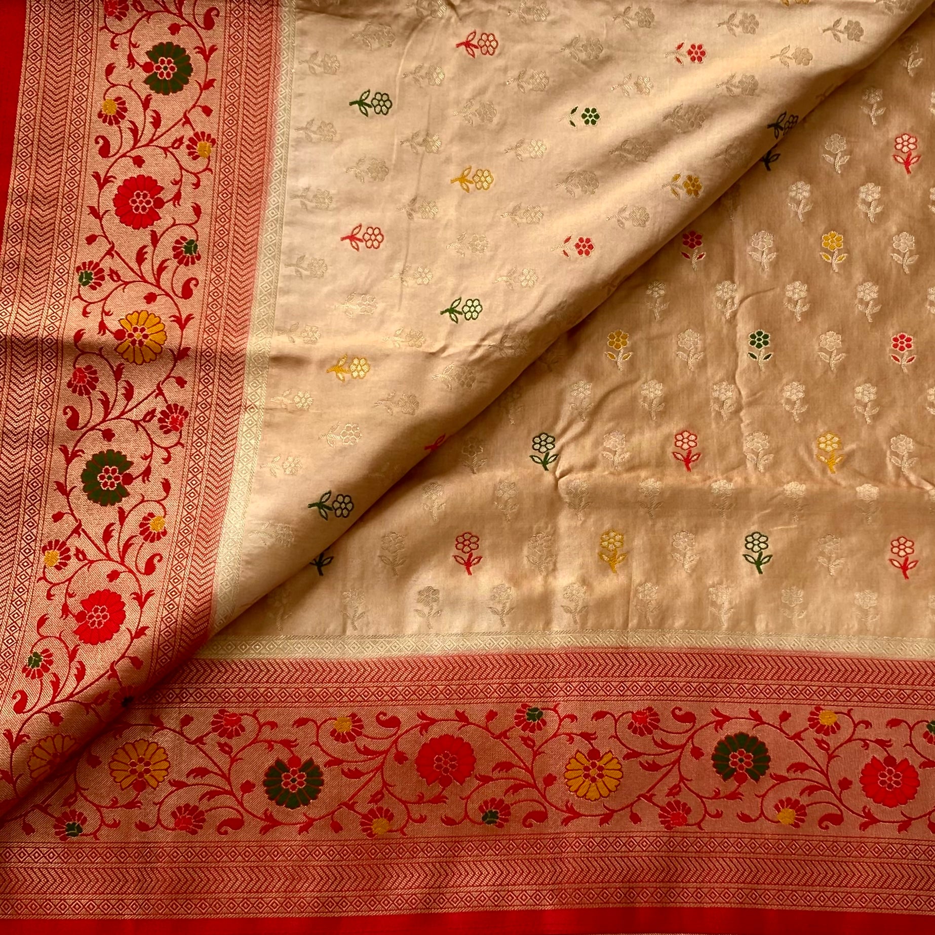 Crimson Gold Paisley Brocade Saree With Floral Border Elegant Wedding