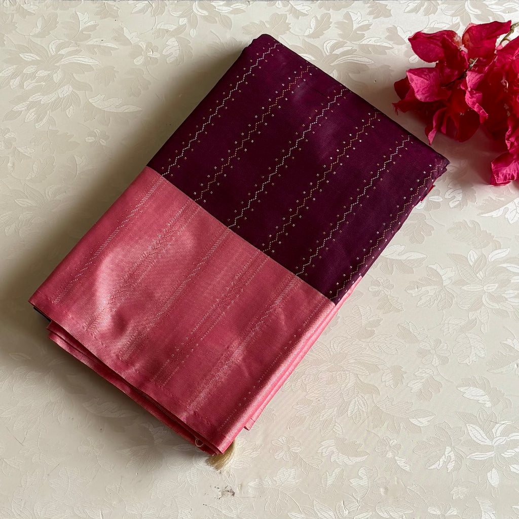 Deep Wine Maroon Soft Mixed Silk Saree With Coral Pink Pallu
