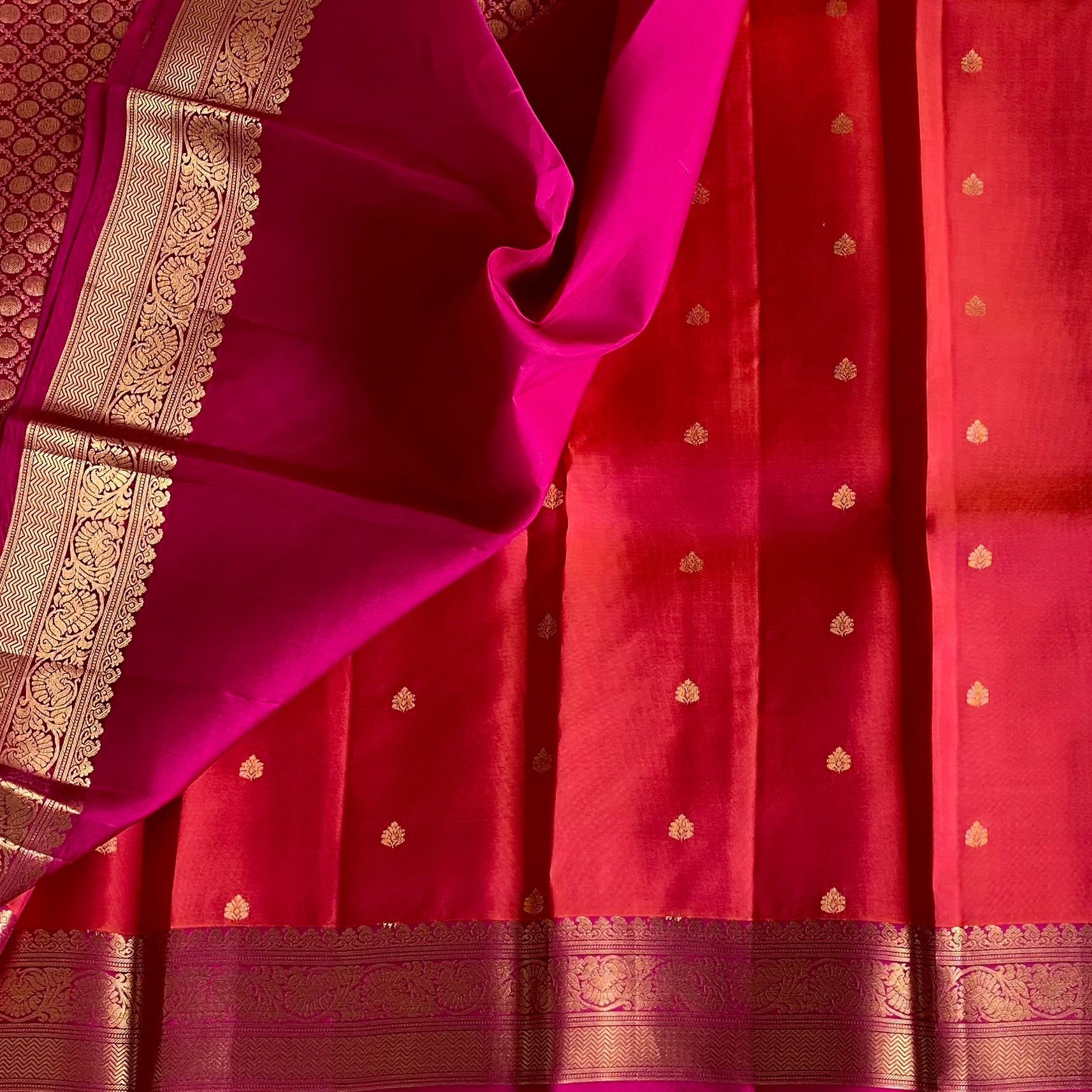 Rani Pink Designer Pure Silk Saree With Vermilion Pallu
