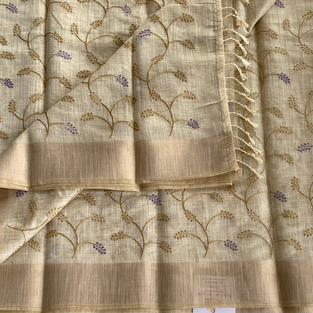 Light Beige Golden Vine Saree with Lavender Accents and Tassels