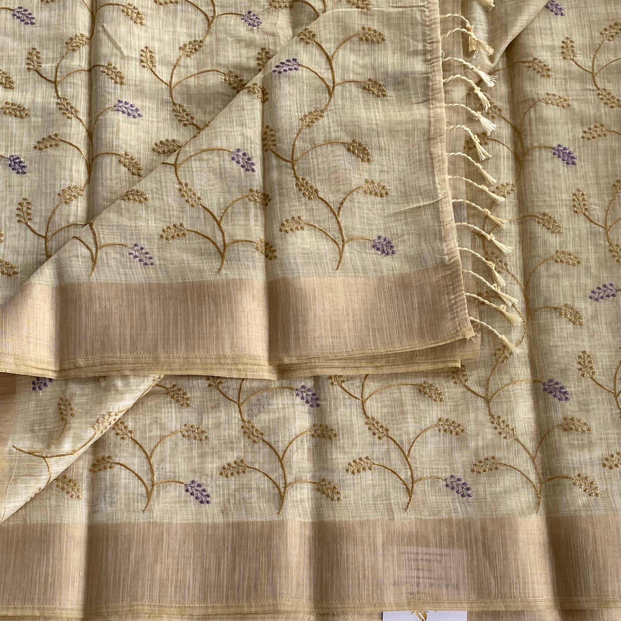 Light Beige Golden Vine Saree with Lavender Accents and Tassels