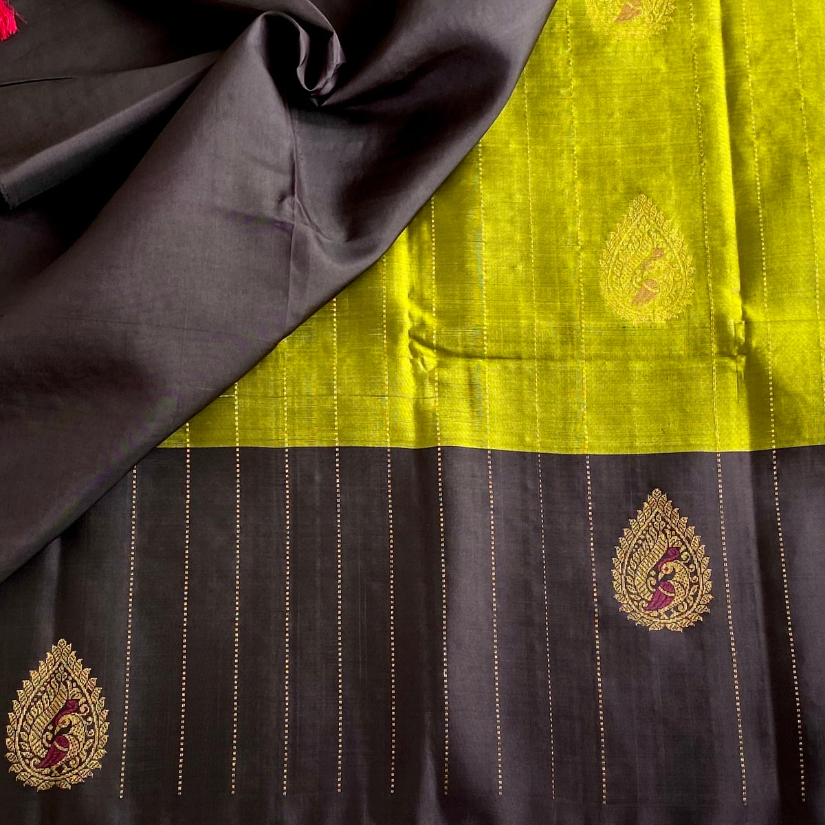 Lime Green Designer Pure Silk Saree With Charcoal Black Floral Pallu
